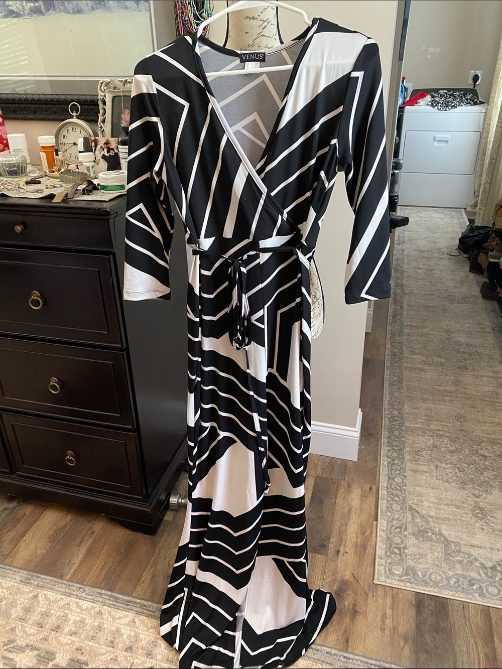 VENUS Black & White Geometric Wrap Maxi Dress